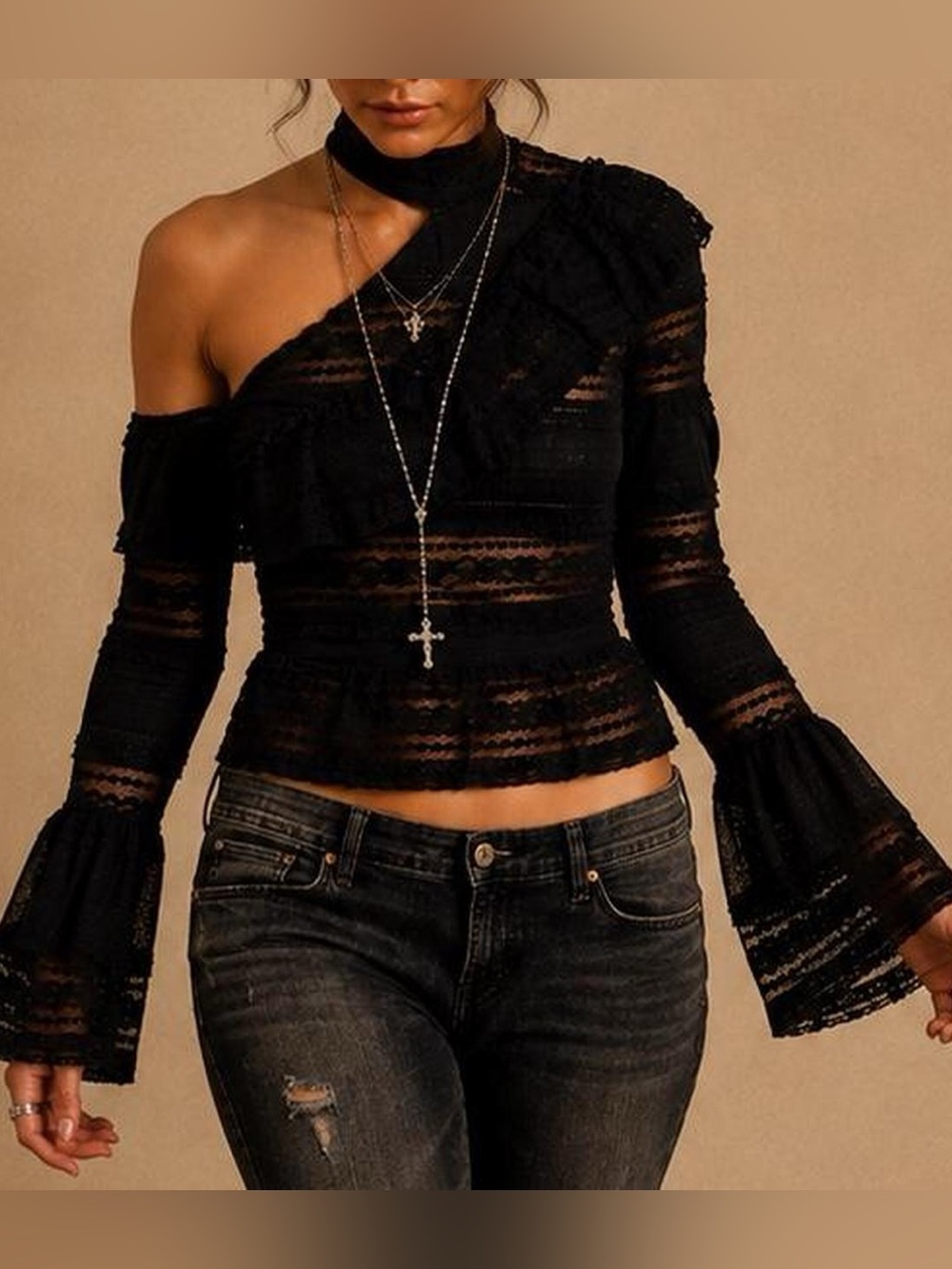 One-Shoulder Black Lace Ruffle Top